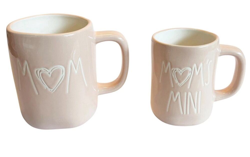 Rae Dunn Magenta Mom & Mom’s Mini Baby Pink & White Heart Ceramic Coffee Mug Set